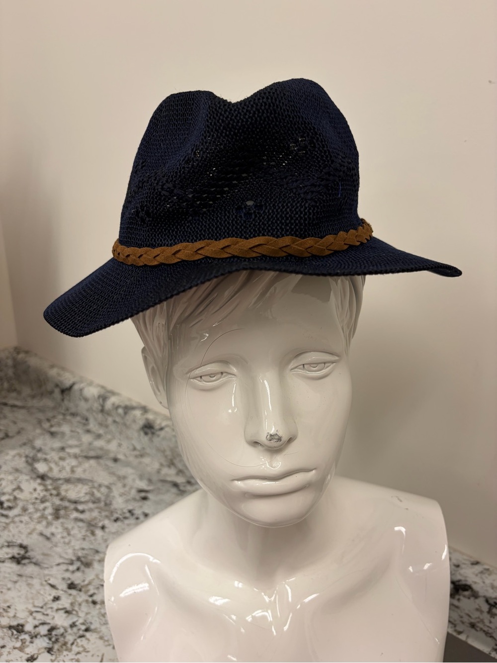 Barbour Navy Straw Fedora with Brown Braid Trim